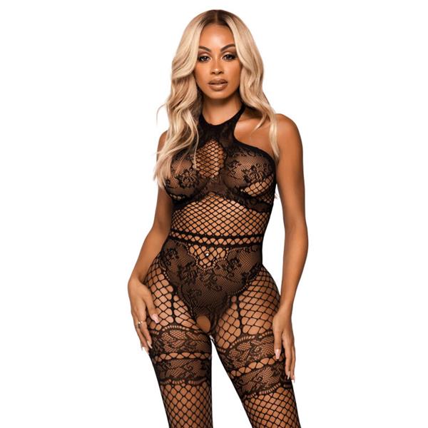 NET HALTER BODYSTOCKING ONE SIZE - BLACK