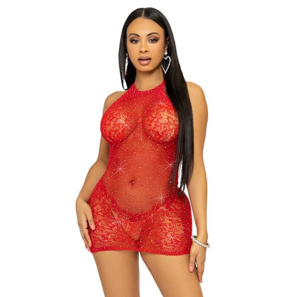 RHINESTONE HALTER MINI DRESS ONE SIZE - BLACK
