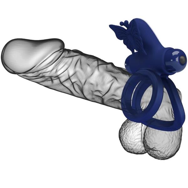 JAMELE DOUBLE RING WITH VIBRATION & BUTTERFLY STIMULATOR BLUE