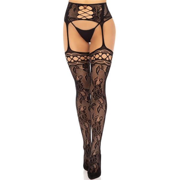 FLORAL LACE GARTER STOCKINGS BLACK