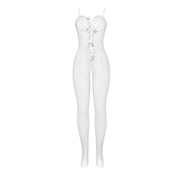 951740 BODYSTOCKING WHITE FISHNET CROTCHLESS WITH BOWS ONE SIZE