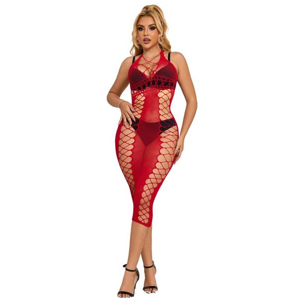 952327 LONG RED FISHNET DRESS ONE SIZE