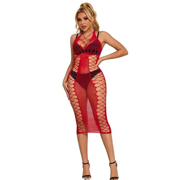 952327 LONG RED FISHNET DRESS ONE SIZE