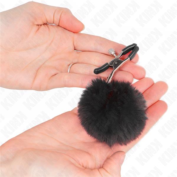 FAUX FUR BALL NIPPLE CLAMP BLACK 6 CM