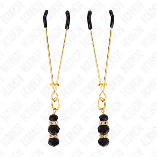 ZLATNE TANKE NIPPLE CLAMPS S 3 CRNE STAKLENE PERLE 7 CM