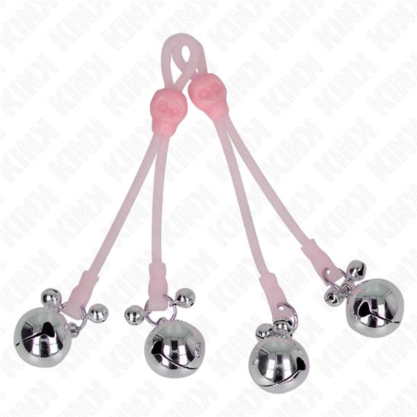 LUMINOUS SKULL NIPPLE CLAMPS WITH RING BELLS ADJUSTABLE PINK / SILVER