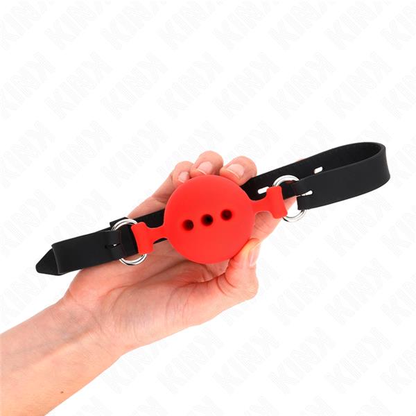 POLNI SILIKONSKI GAG 55 x 2 CM Z 5 CM ŽOGICO V RDEČI BARVI PRILAGODLJIV 35-51 CM