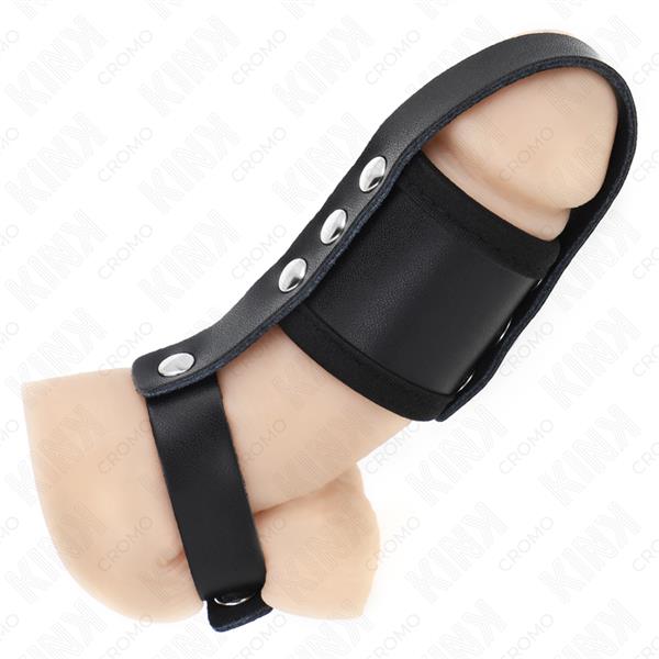 LEATHER PENIS CAGE RING WITH ADJUSTABLE COATED BALL DIVIDER STRAP