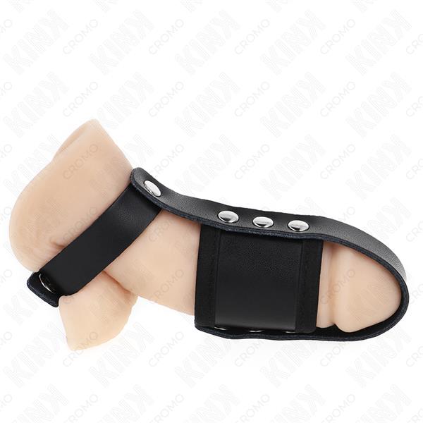 LEATHER PENIS CAGE RING WITH ADJUSTABLE COATED BALL DIVIDER STRAP