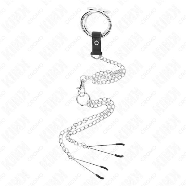 TROJNI KROMIRANI METALNI PENISOV PRSTAN 3 CM DO 4.5 CM Z 26 CM METALNO VERIGO IN Sponkami ZA BRAVICE