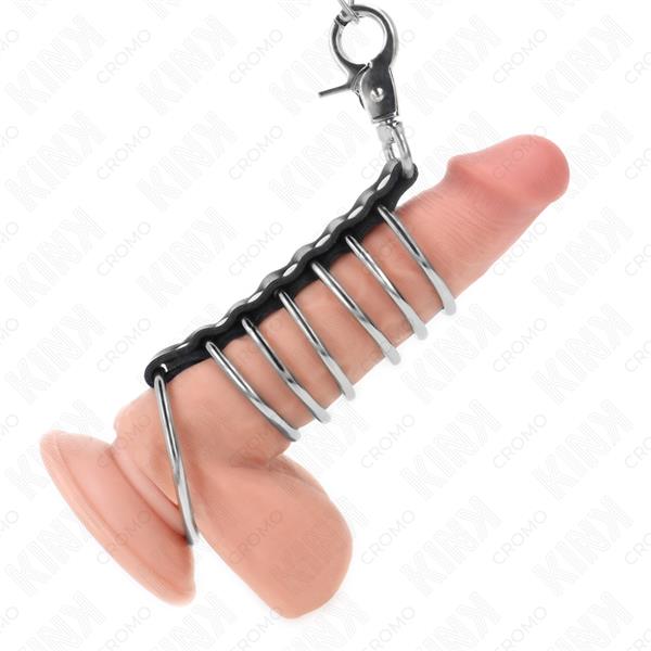 7 METAL PENIS RINGS 3.8 CM TO 5 CM CONNECTED WITH LEATHER AND METAL CHAIN 100 CM