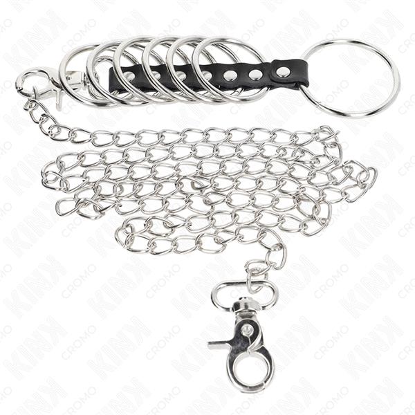 7 METAL PENIS RINGS 3.8 CM TO 5 CM CONNECTED WITH LEATHER AND METAL CHAIN 100 CM