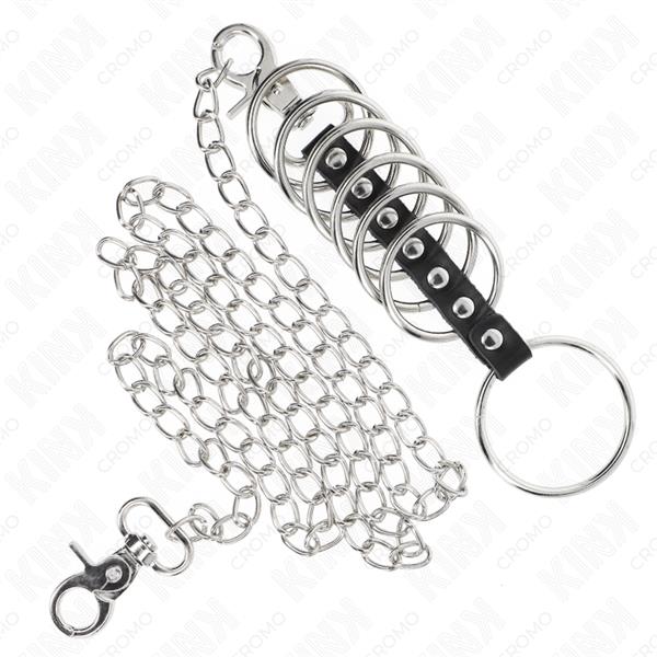 7 METAL PENIS RINGS 3.8 CM TO 5 CM CONNECTED WITH LEATHER AND METAL CHAIN 100 CM