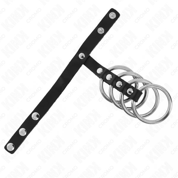 4 METALNA PRSTENA ZA PENIS 3.8 CM POVEZANA KOŽNIM REMENOM 22 X 1.5 CM I ZATVARANJEM NA Pritisak