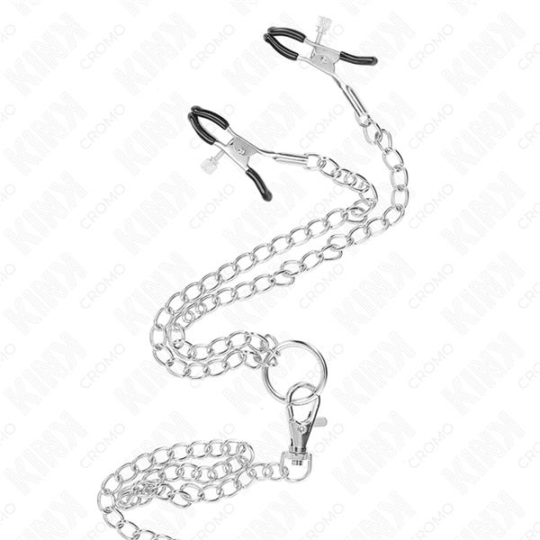 TRIPLE CHROME METAL PENIS RING 3 CM TO 4.5 CM WITH 26 CM METAL CHAIN AND NIPPLE CLIPS