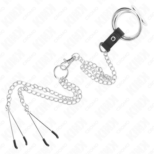 TROJNI KROMIRANI METALNI PENIS RING 3.8 CM DO 5 CM Z 26 CM METALNO VERIGO IN NIPPLE CLAMPS MODEL 2