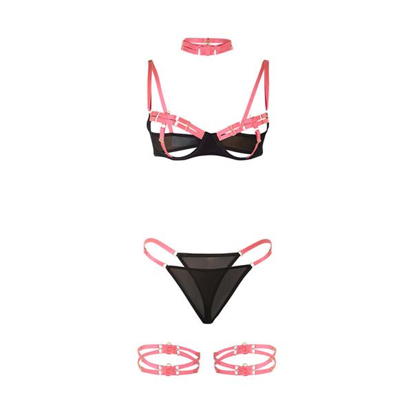 955304 BRA SET WITH NECKLACE AND LEG DETAILS FLUORESCENT PINK L/XL