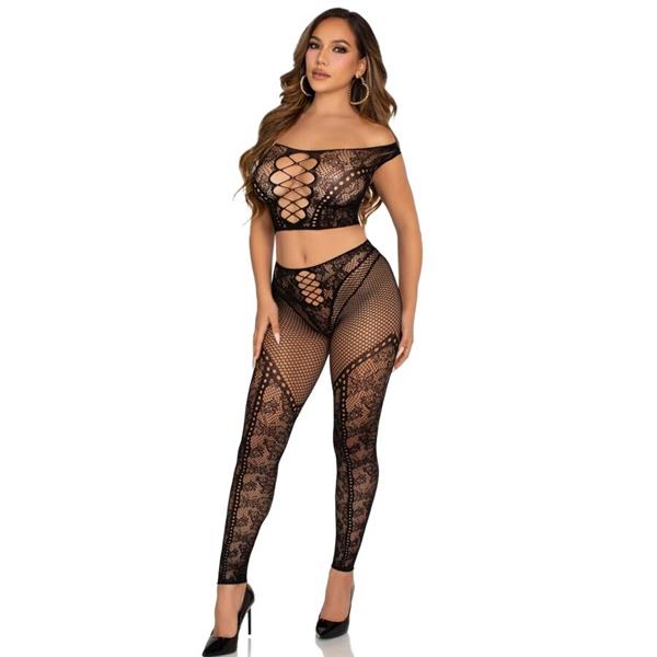 CROP TOP AND FISHNET LEGGING WITH BARE SHOULDERS BLACK