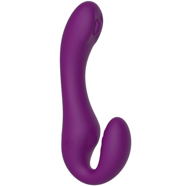 2 V 1 BREZPASOVNI STRAP-ON VIBRATOR Z DALJINSKIM UPRAVLJALNIKOM V PURPURNI BARVI