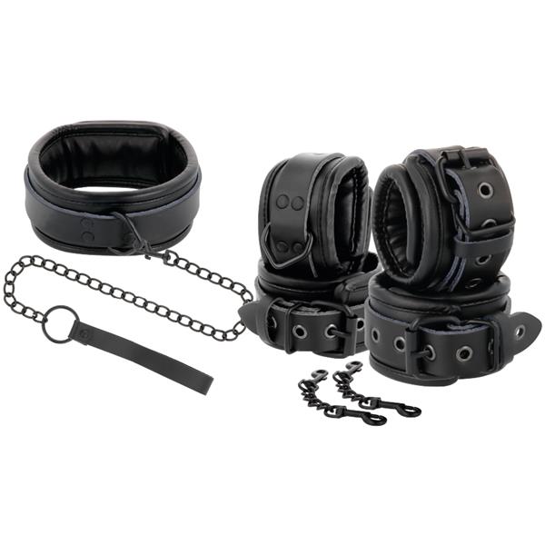 BLACK LEATHER HANDCUFFS AND COLLAR