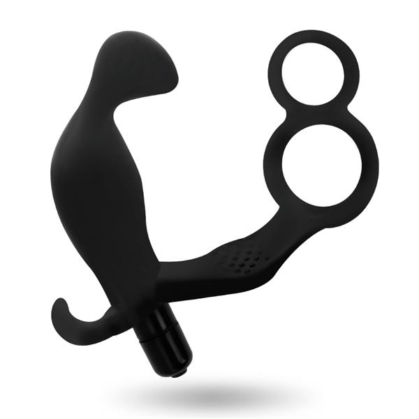 ANAL PLUG WITH DOUBLE PENIS RING AND TESTICLES BLACK