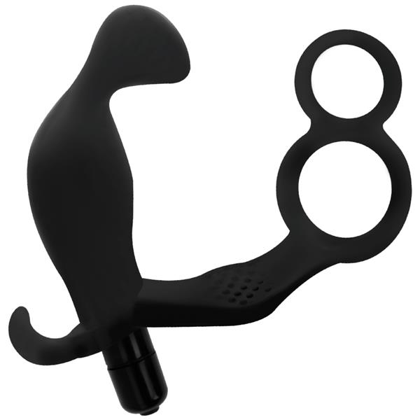 ANAL PLUG WITH DOUBLE PENIS RING AND TESTICLES BLACK