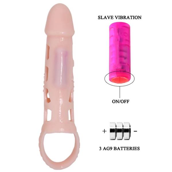 PENIS EXTENDER COVER WITH VIBRATION AND NATURAL STRAP 13.5 CM