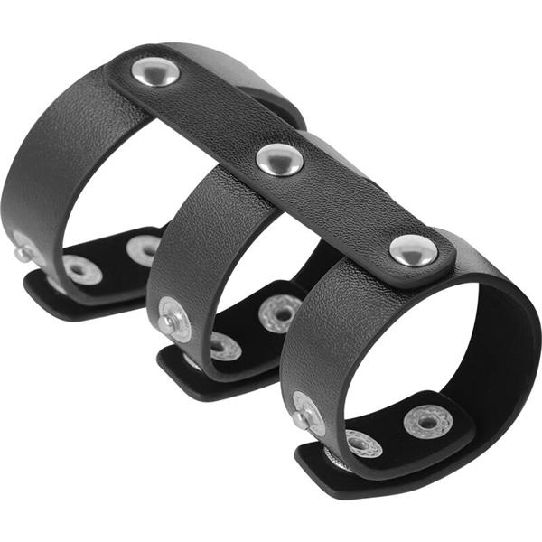 ADJUSTABLE LEATHER DOUBLE PENIS AND TESTICLE RING