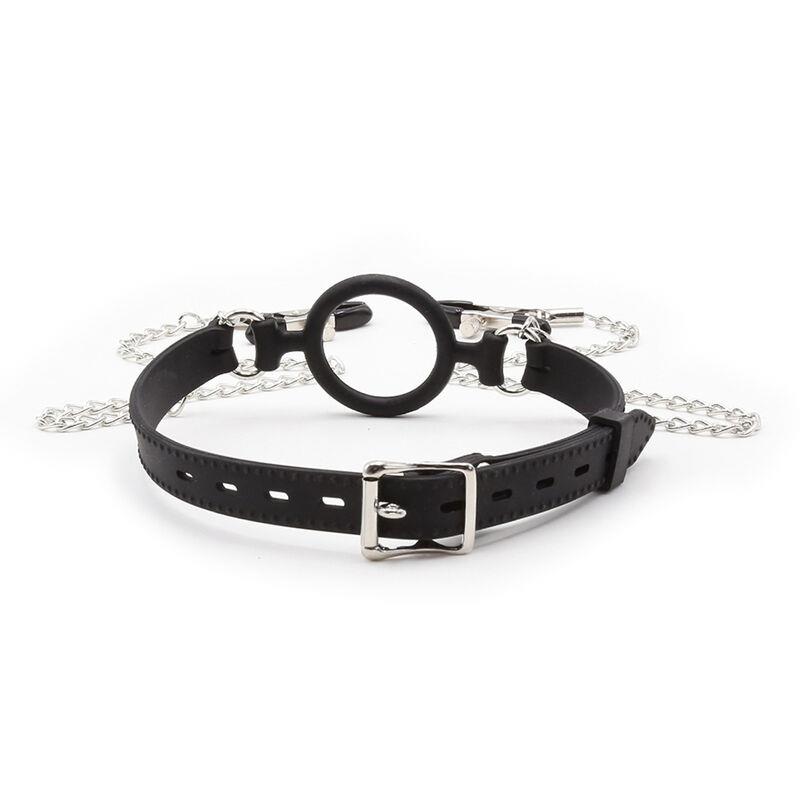 RING GAG WITH CHAINS AND NIPPLE CLAMPS