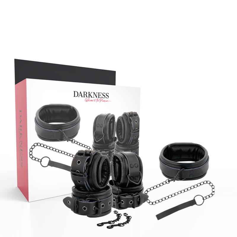 BLACK LEATHER HANDCUFFS AND COLLAR