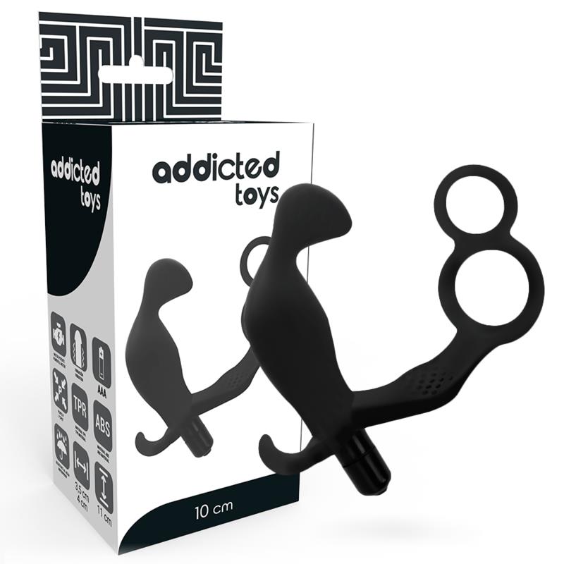 ANAL PLUG WITH DOUBLE PENIS RING AND TESTICLES BLACK
