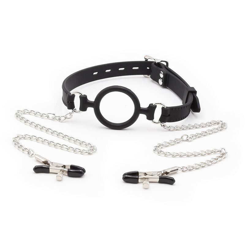 RING GAG WITH CHAINS AND NIPPLE CLAMPS