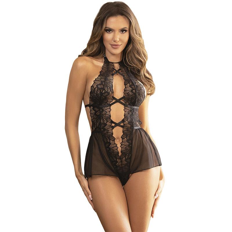 TEDDY HALTER NECK BARE BACK LACE BLACK S/M