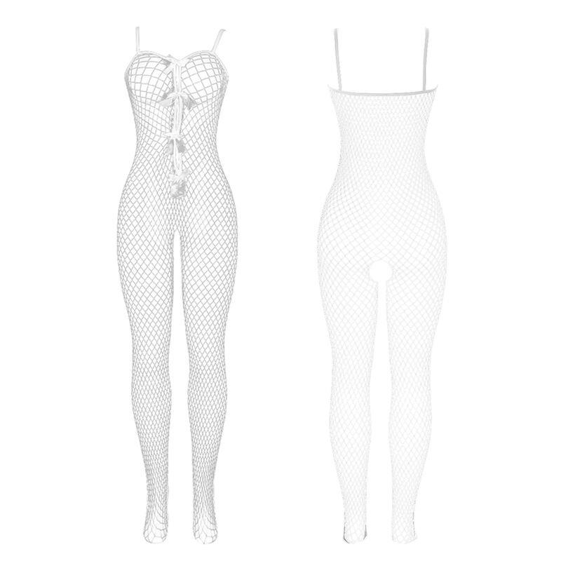 951740 BODYSTOCKING WHITE FISHNET CROTCHLESS WITH BOWS ONE SIZE