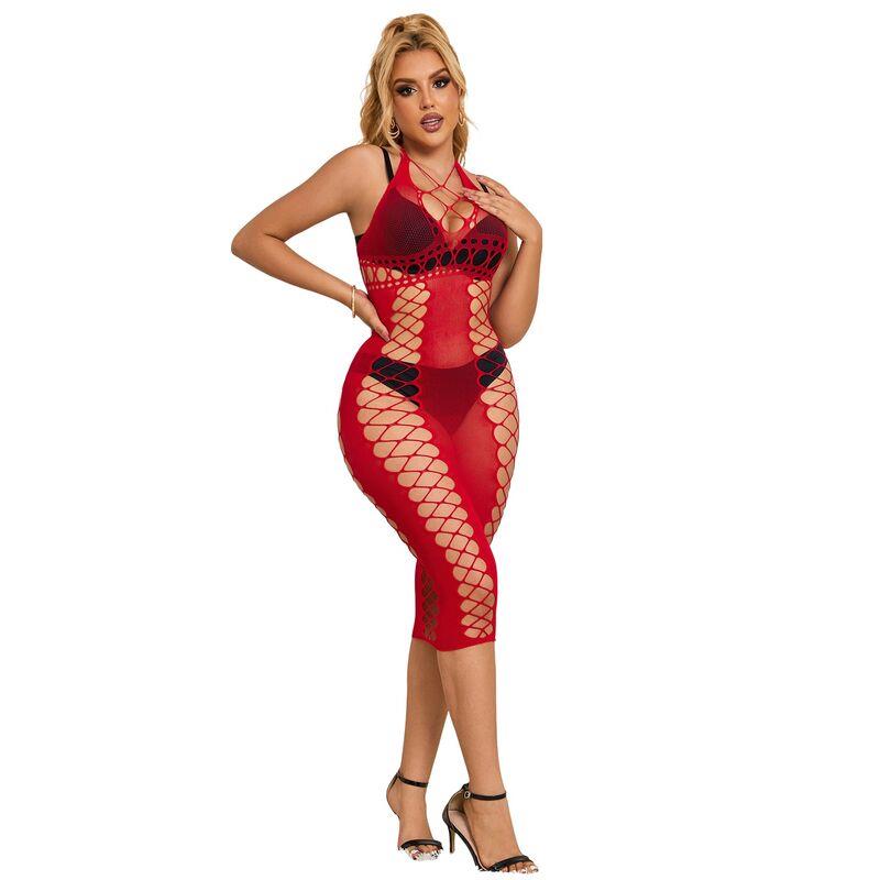 952327 LONG RED FISHNET DRESS ONE SIZE