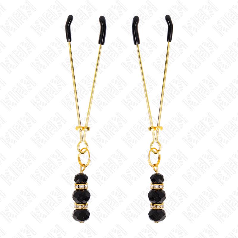 ZLATNE TANKE NIPPLE CLAMPS S 3 CRNE STAKLENE PERLE 7 CM