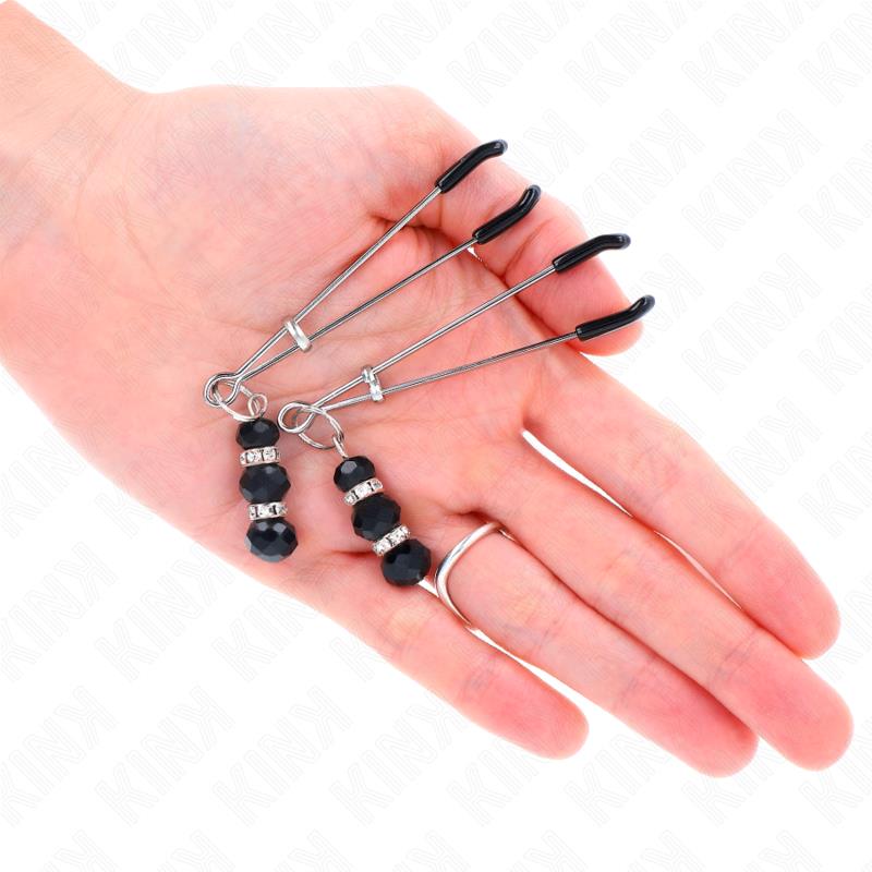 GOLD THIN NIPPLE CLAMPS WITH 3 BLACK GLASS BEADS 7 CM