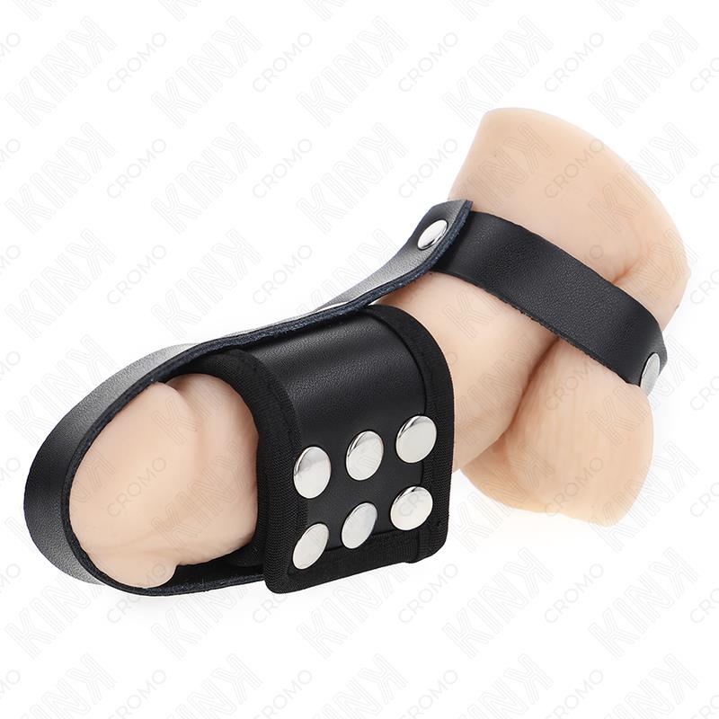 LEATHER PENIS CAGE RING WITH ADJUSTABLE COATED BALL DIVIDER STRAP