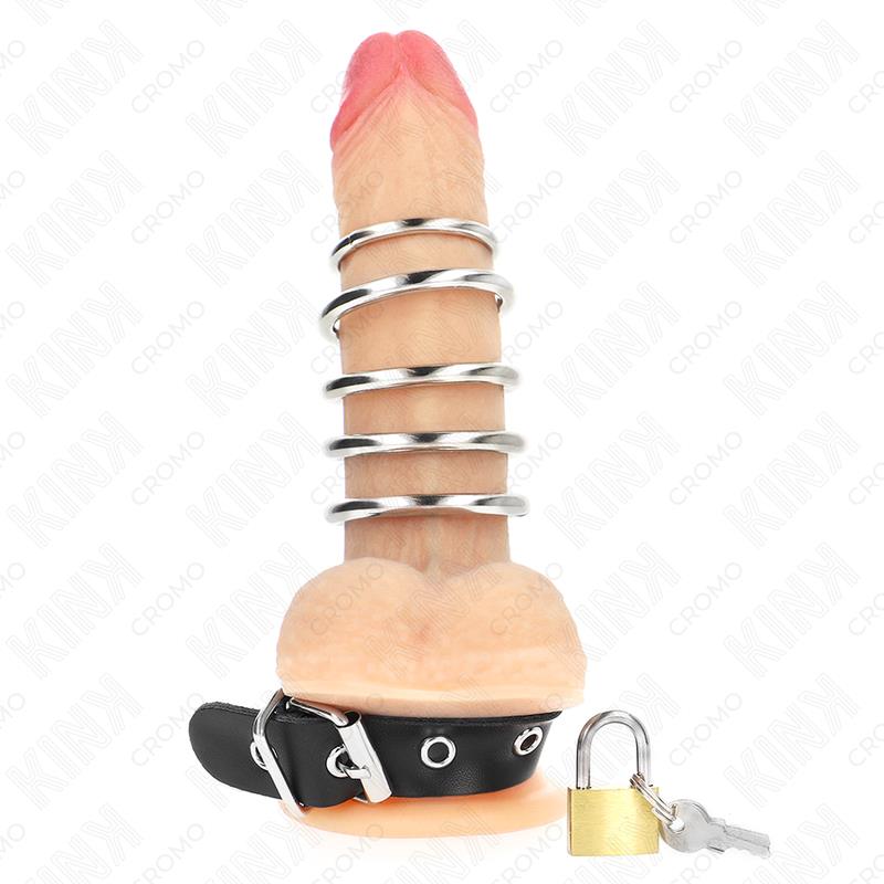 KOŽNI PENIS PRSTEN S TRAKOM ZA ZAKLJUČAVANJE 21 X 2 CM I 5 METALNIH PRSTENOVA OD 3 CM DO 4 CM