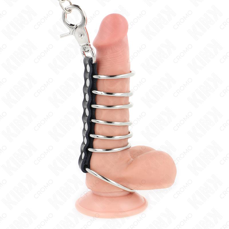 7 METAL PENIS RINGS 3.8 CM TO 5 CM CONNECTED WITH LEATHER AND METAL CHAIN 100 CM