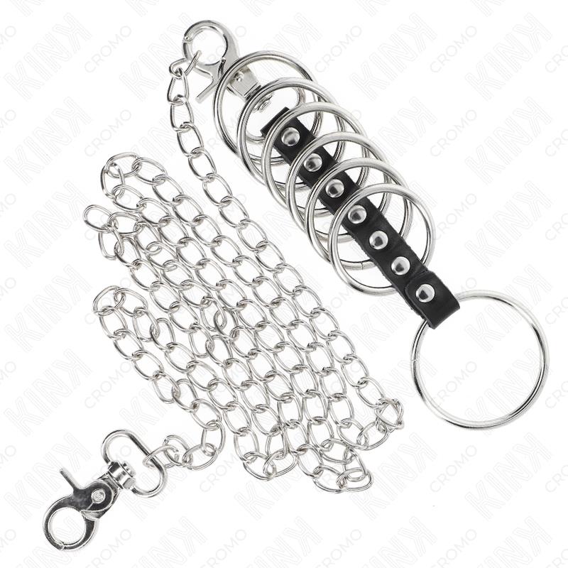 7 METAL PENIS RINGS 3.8 CM TO 5 CM CONNECTED WITH LEATHER AND METAL CHAIN 100 CM