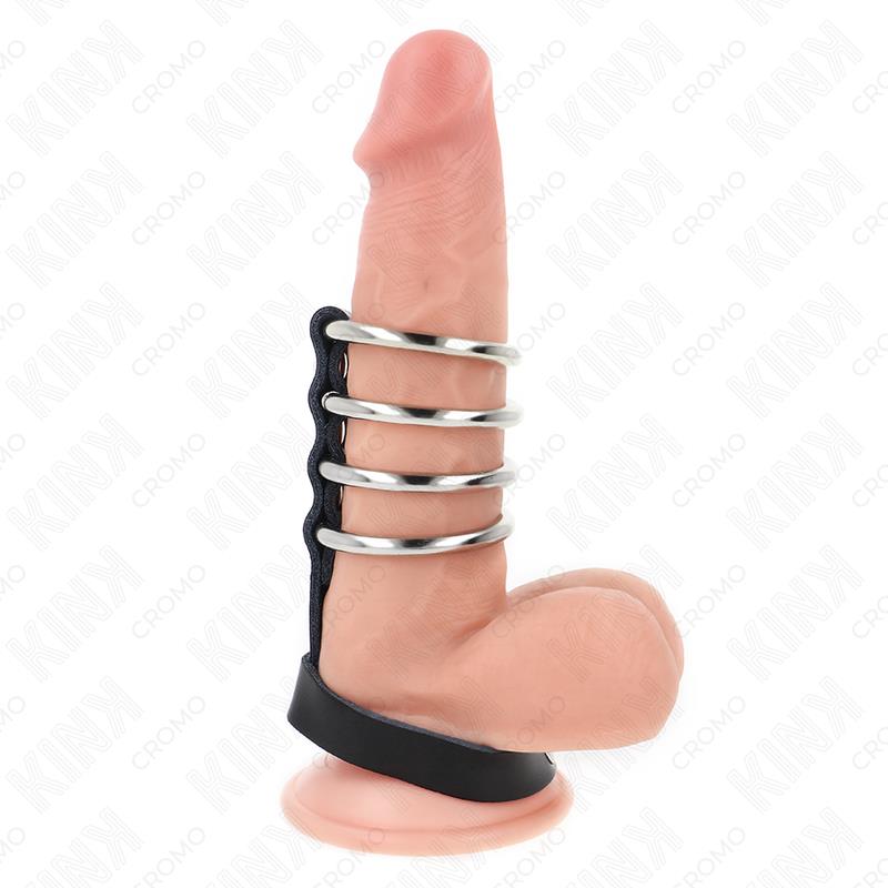 4 METALNA PRSTENA ZA PENIS 3.8 CM POVEZANA KOŽNIM REMENOM 22 X 1.5 CM I ZATVARANJEM NA Pritisak