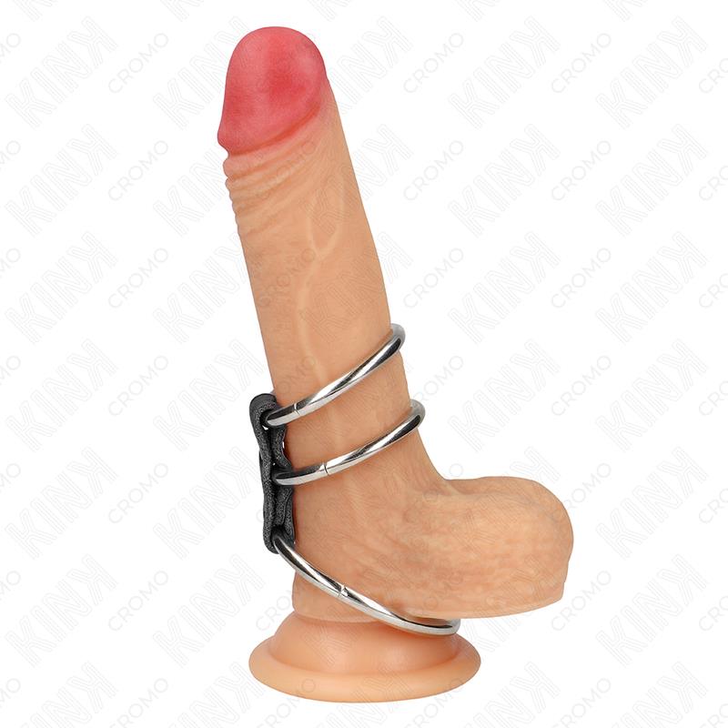 TRIPLE METAL PENIS RING 3.7 CM TO 5 CM CONNECTED WITH LEATHER