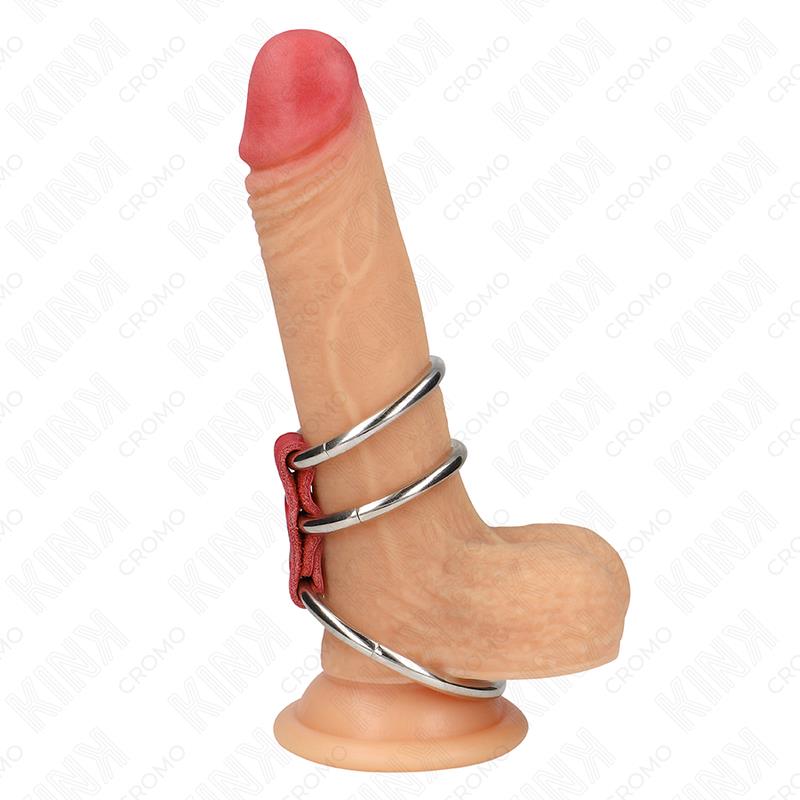 TROSTRUKI METALNI PRSTEN ZA PENIS 3.7 CM DO 5 CM POVEZAN S CRVENOM KOŽOM