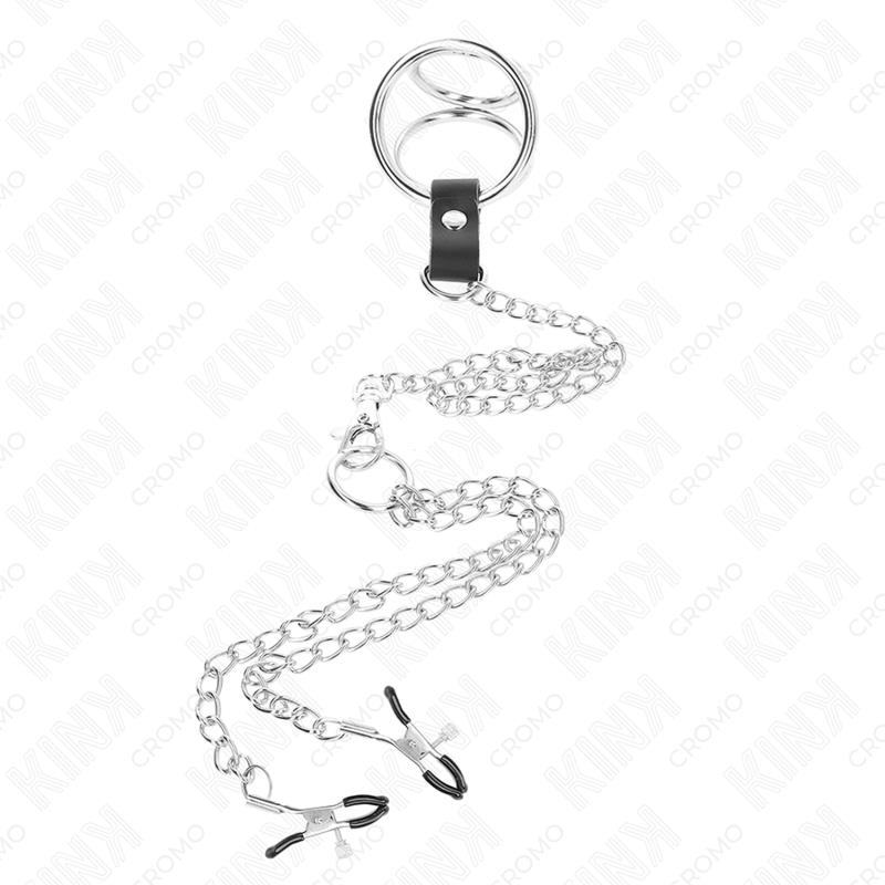 TRIPLE CHROME METAL PENIS RING 3 CM TO 4.5 CM WITH 26 CM METAL CHAIN AND NIPPLE CLIPS