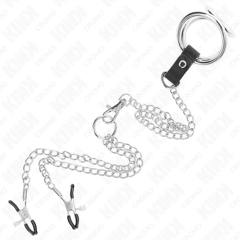 TRIPLE CHROME METAL PENIS RING 3 CM TO 4.5 CM WITH 26 CM METAL CHAIN AND NIPPLE CLIPS