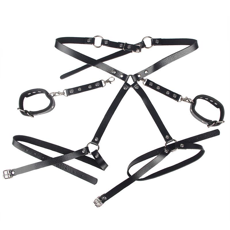 953690 HANDCUFFS WITH BONDAGE BELT BLACK ONE SIZE