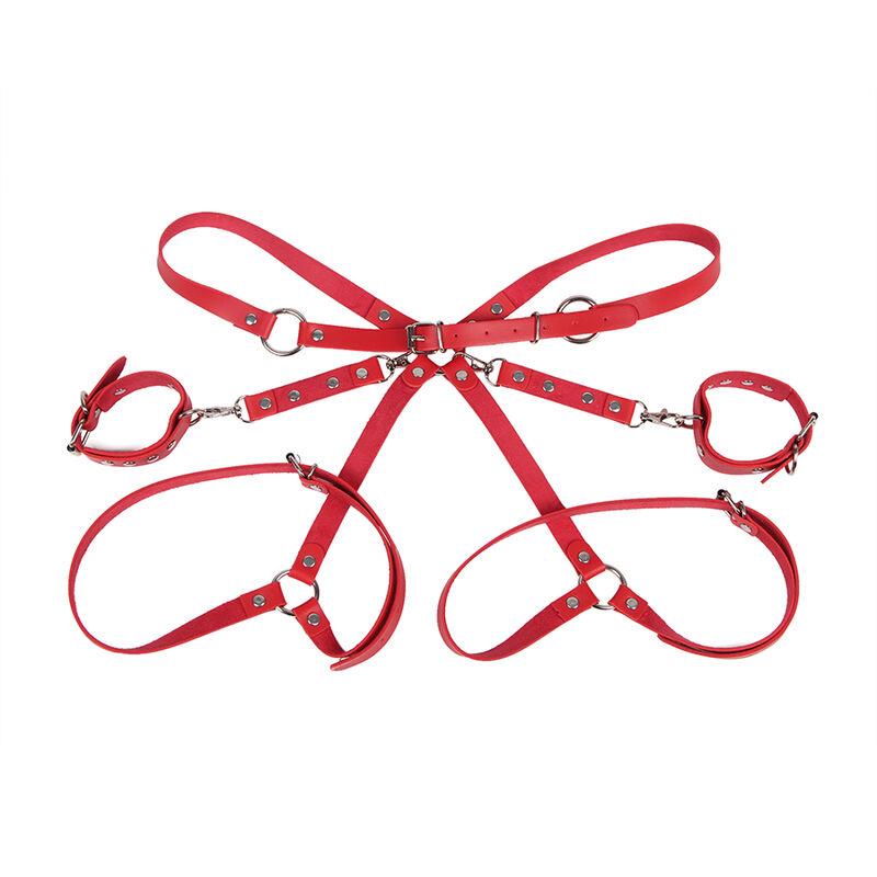 953706 HANDCUFFS WITH BONDAGE BELT RED ONE SIZE