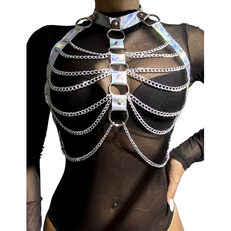 953737 CHEST HARNESS WITH RINGS AND CHAINS SILVER ONE SIZE