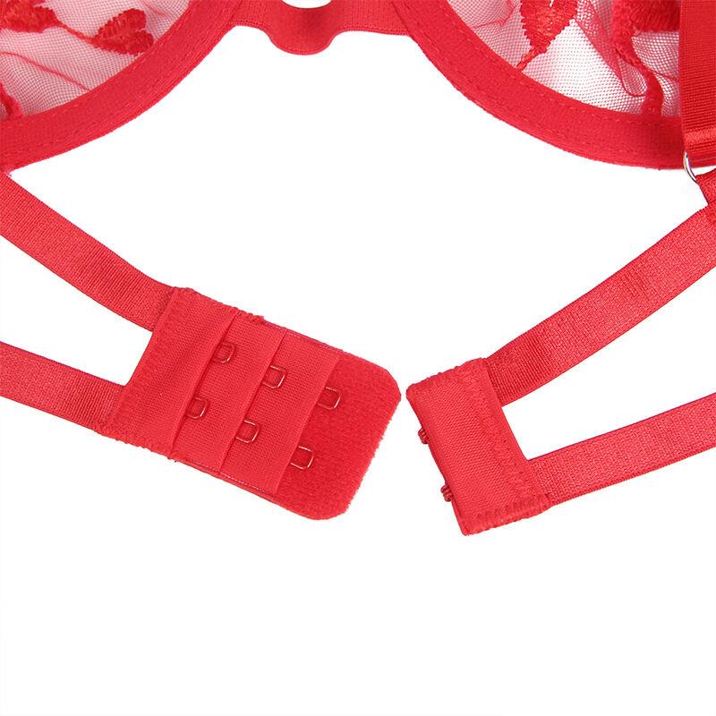 954338 HEART PRINT BRA + THONG + GARTER BELT RED L/XL